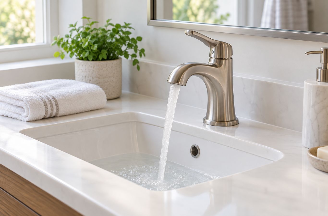 Brushed nickel faucet running clear water into a white bathroom sink