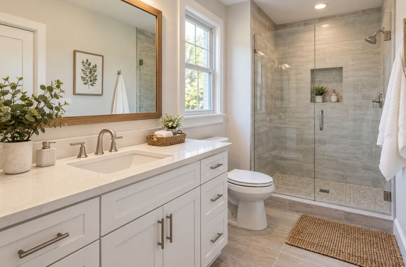 Bathroom with a white vanity, nickel faucet, toilet, and tiled shower