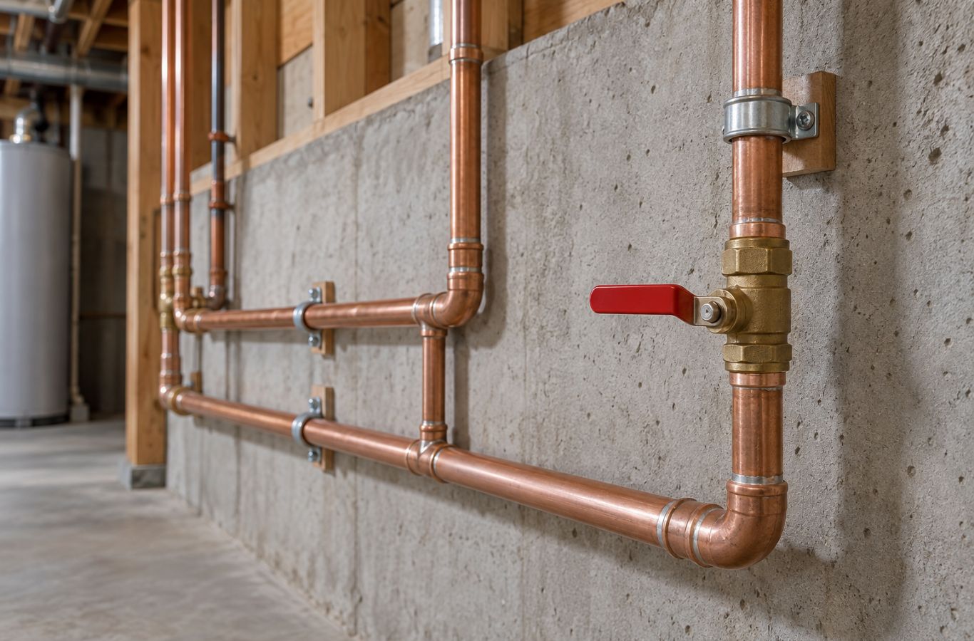 Copper pipes and a red-handled shutoff secured along a basement wall
