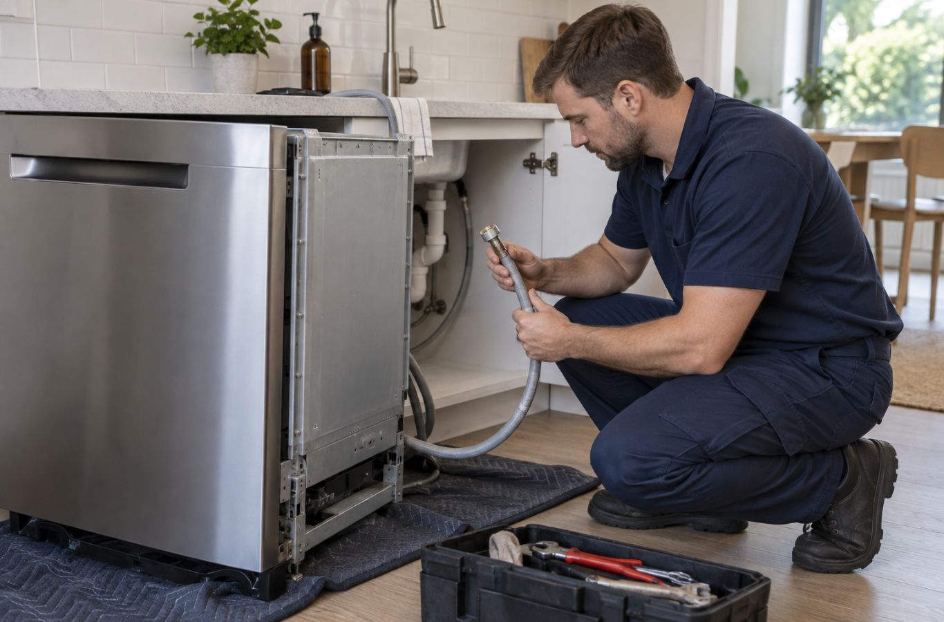 Technician examining a supply hose beside a pulled-out dishwasher