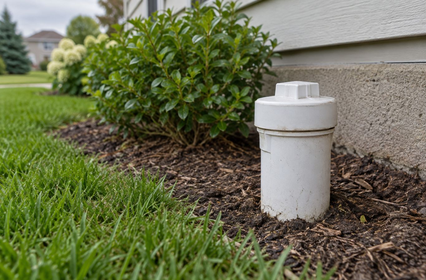 Capped white sewer cleanout beside a house foundation
