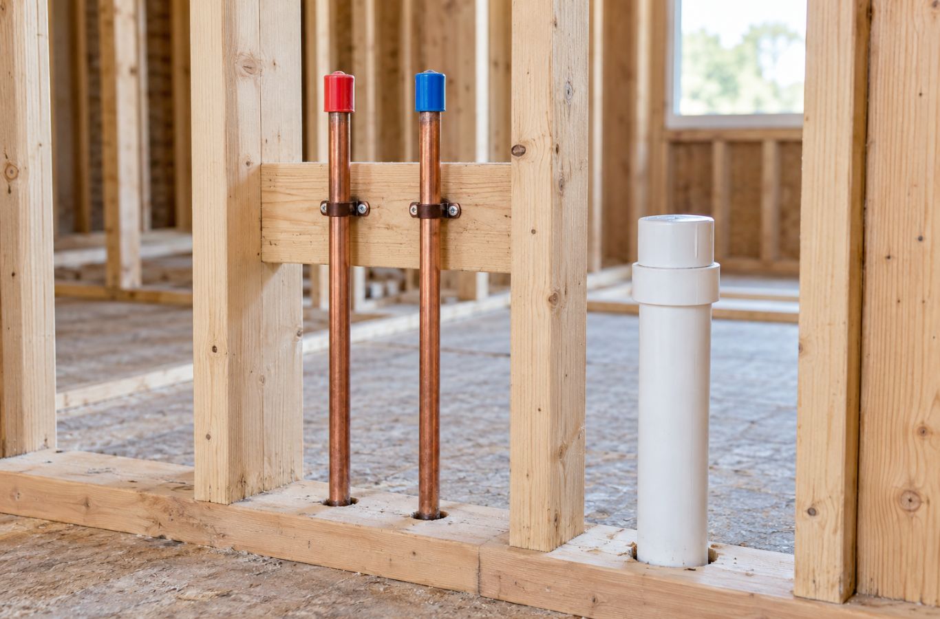 Capped copper supply pipes and a white drain pipe in an unfinished framed wall