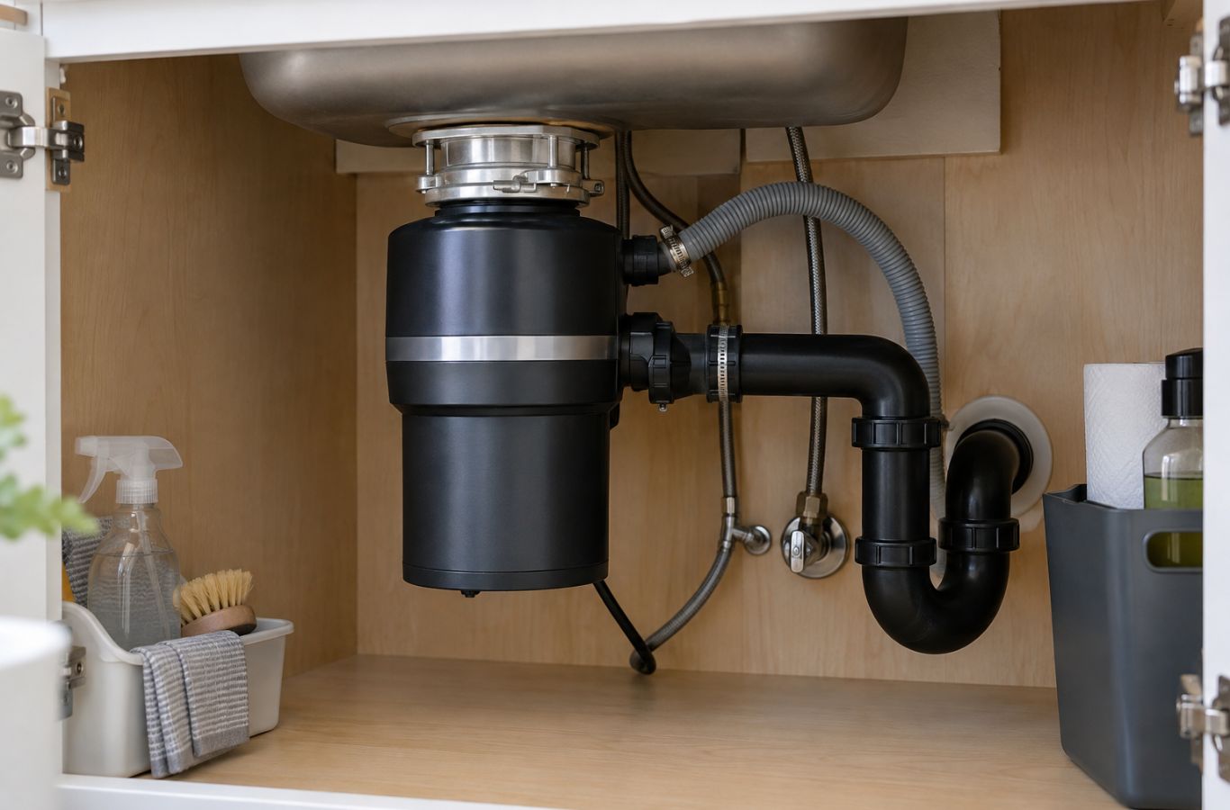 Garbage disposal and drain piping beneath a kitchen sink