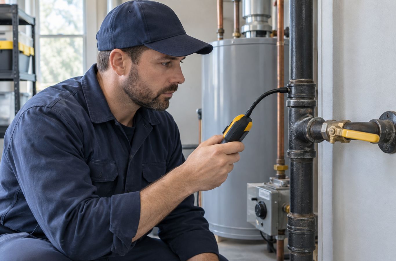 Technician checking a black iron gas pipe joint with a handheld detector