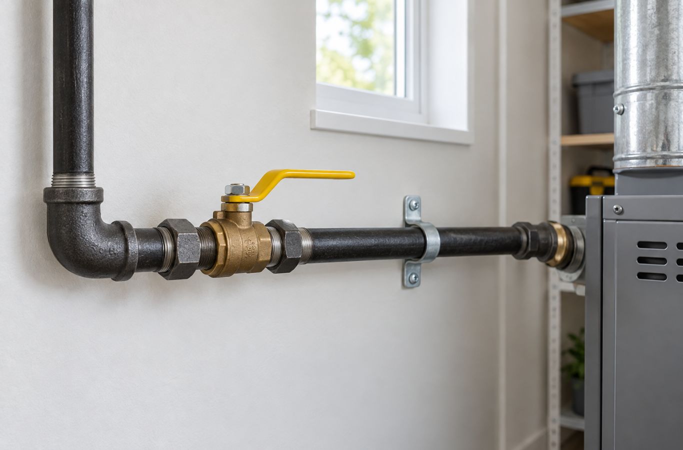 Black iron gas supply pipe with a yellow-handled shutoff valve