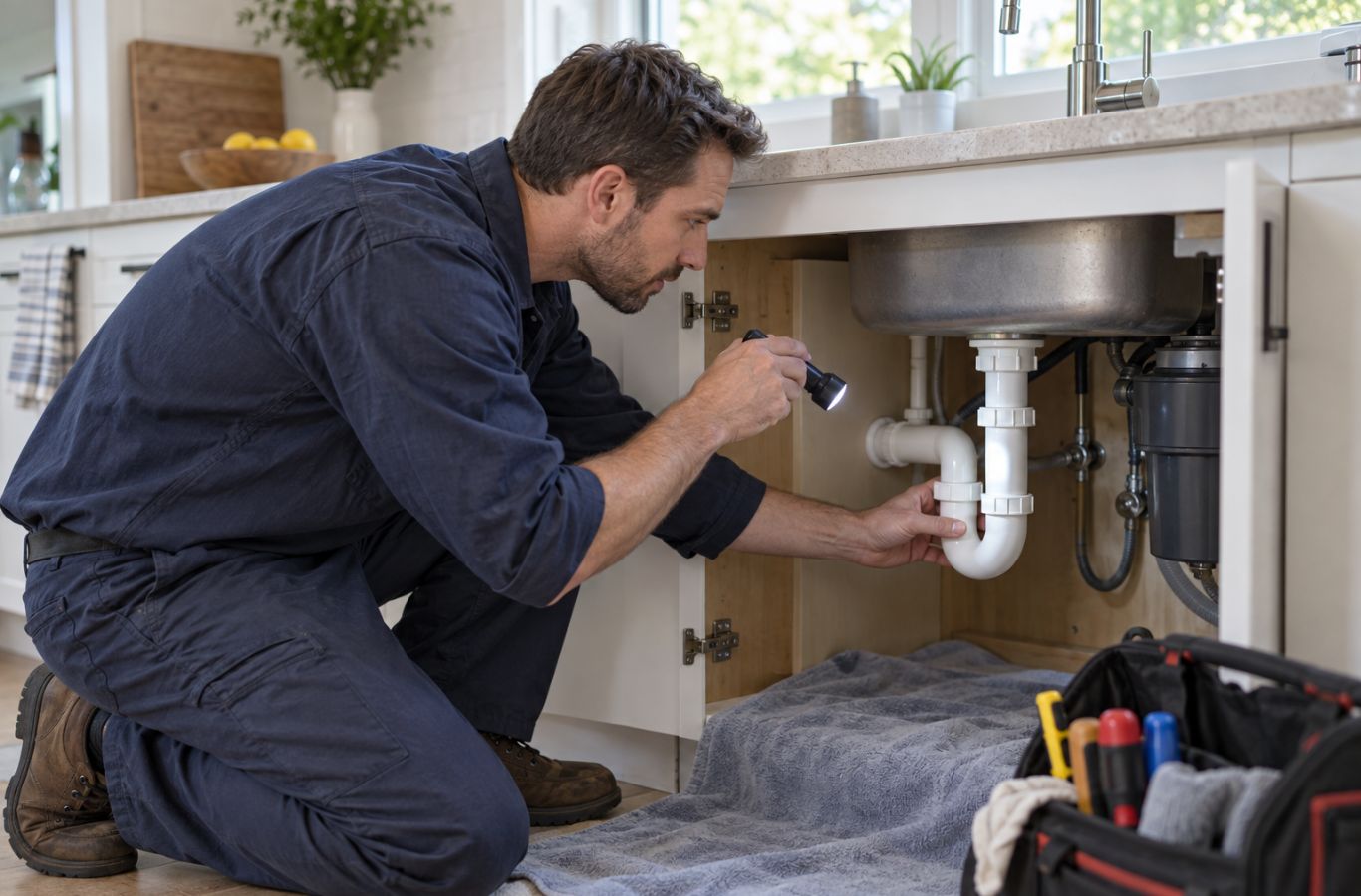 Plumber inspecting a white sink drain trap with a flashlight