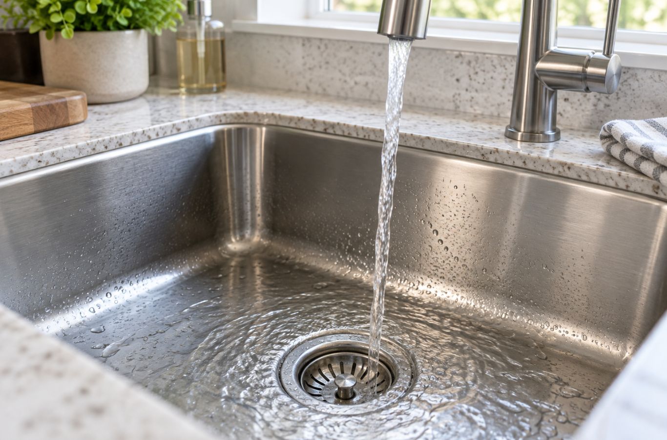 Clear water flowing into a stainless steel kitchen sink near the drain