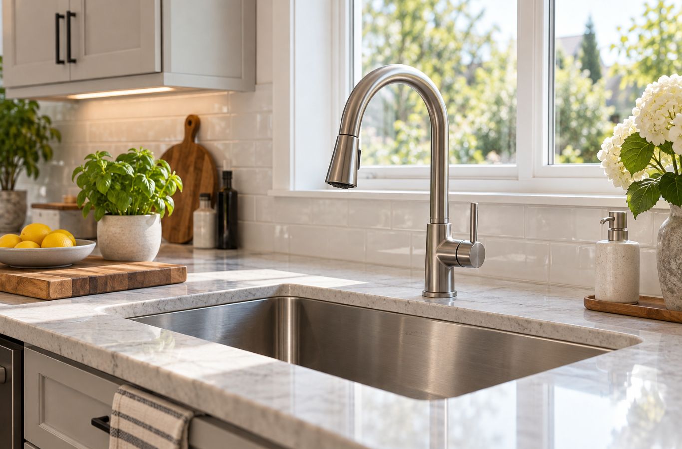 Pull-down kitchen faucet above a stainless steel undermount sink