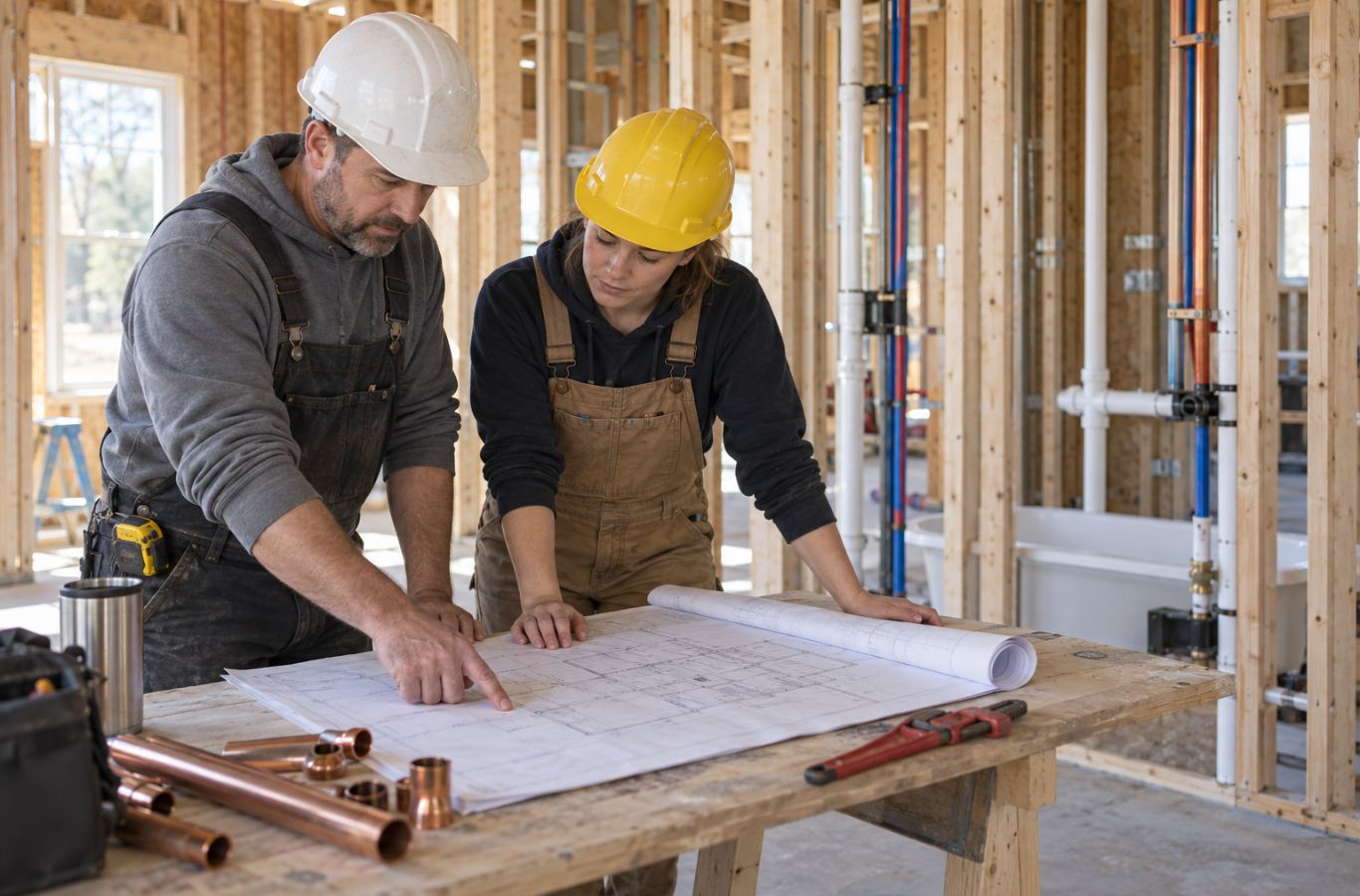 Two workers in hard hats reviewing building plans inside a framed house