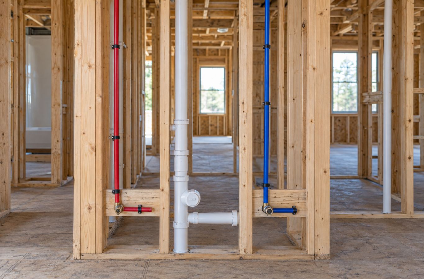 Water supply lines and white drain piping inside a framed new house