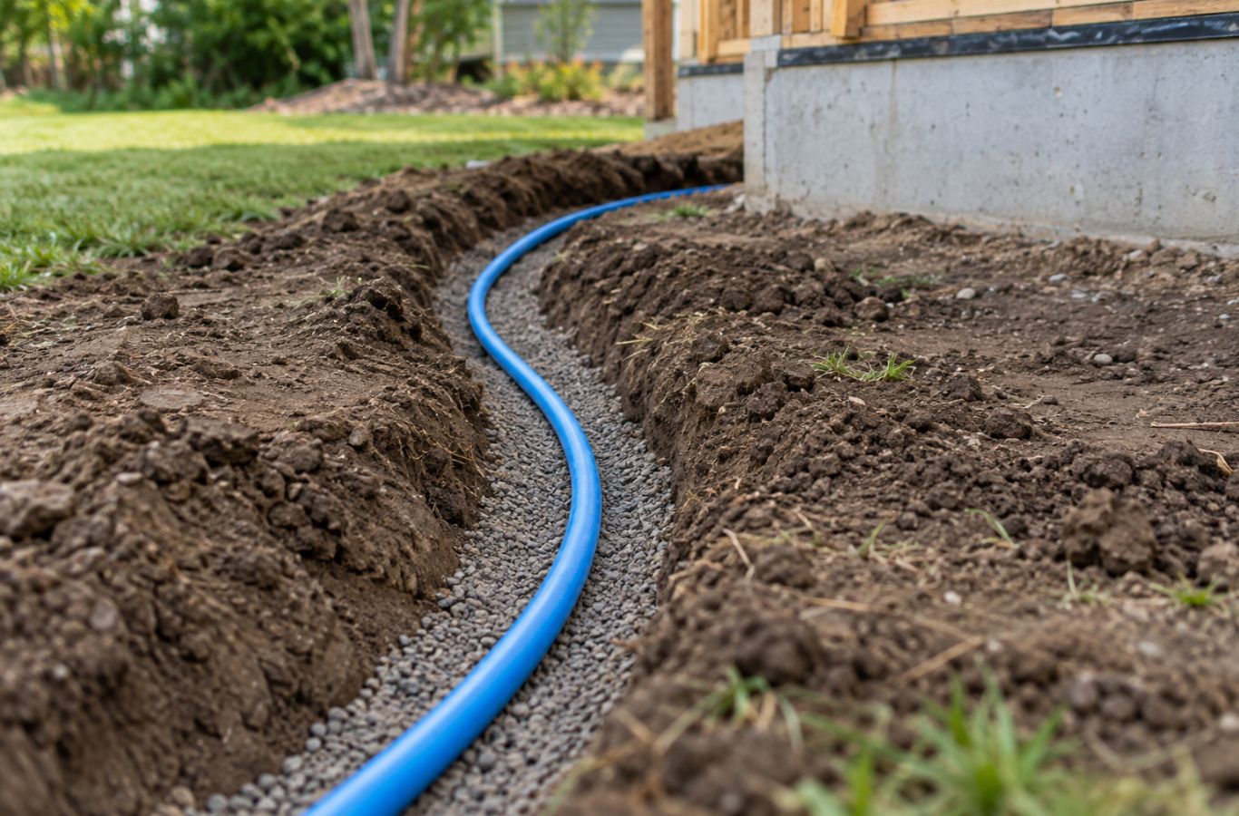 Blue water supply pipe laid in a trench beside a house under construction