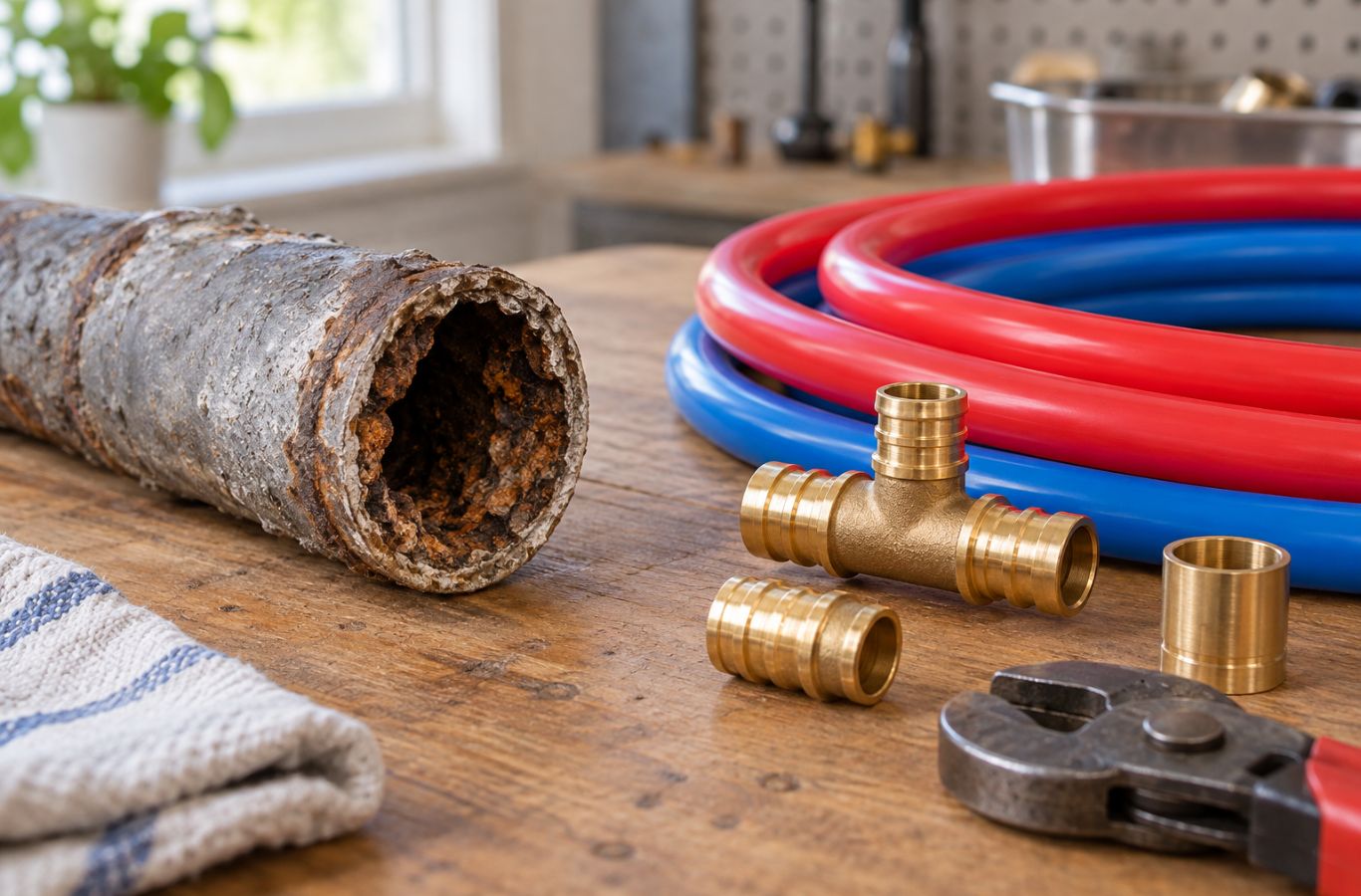 Corroded metal pipe beside new red and blue tubing and brass fittings