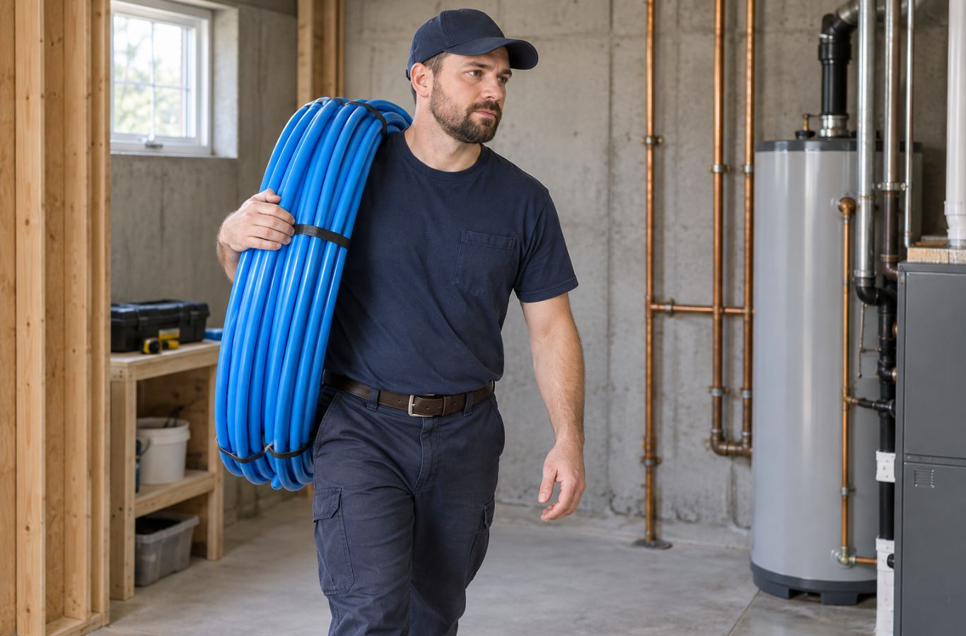 Plumber carrying a coil of blue PEX tubing through a utility room