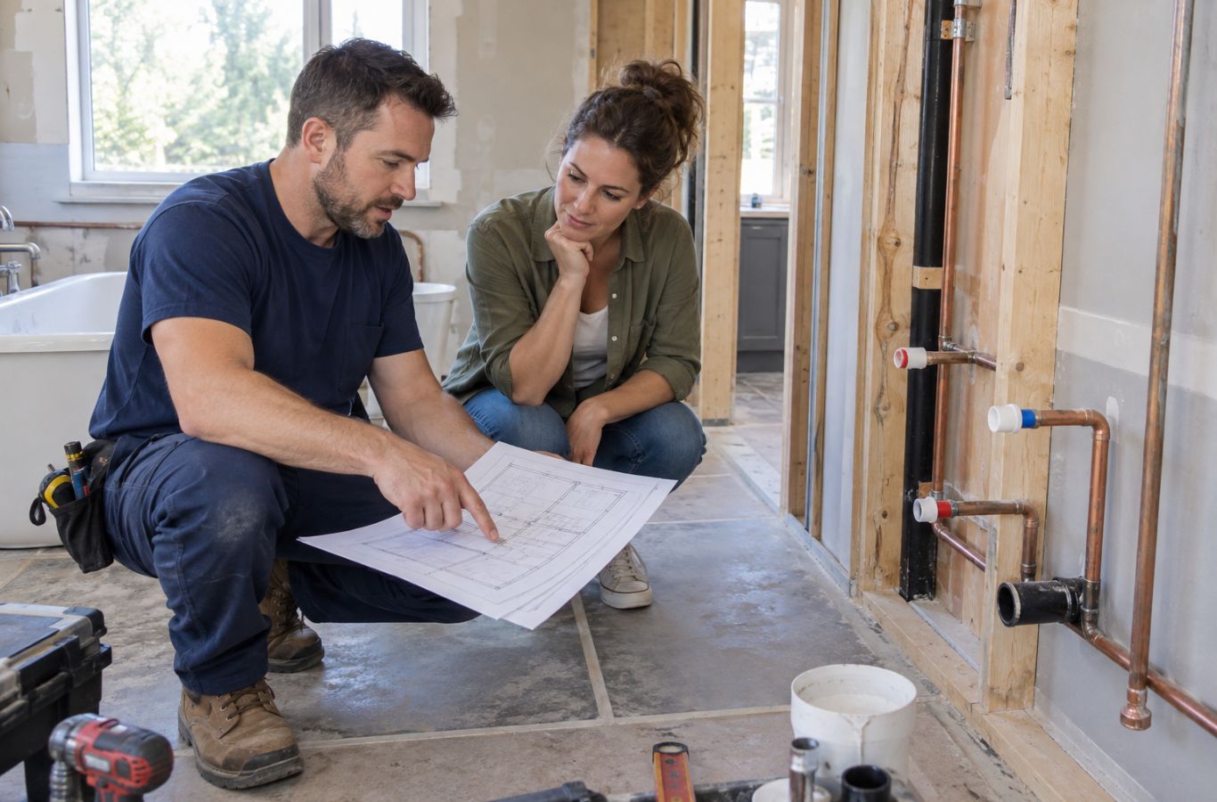 Plumber and homeowner reviewing renovation plans beside an unfinished bathroom wall