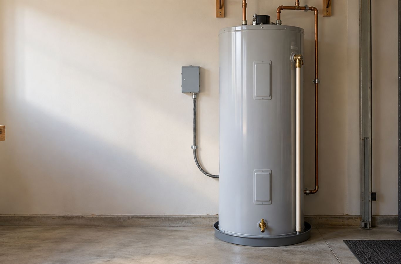 Electric water heater installed in a utility room with copper pipes and a drain pan