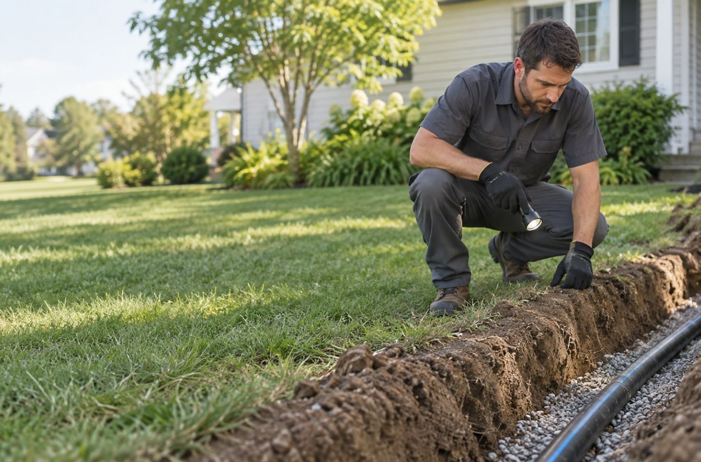 Plumber inspecting an exposed water supply pipe in a residential yard