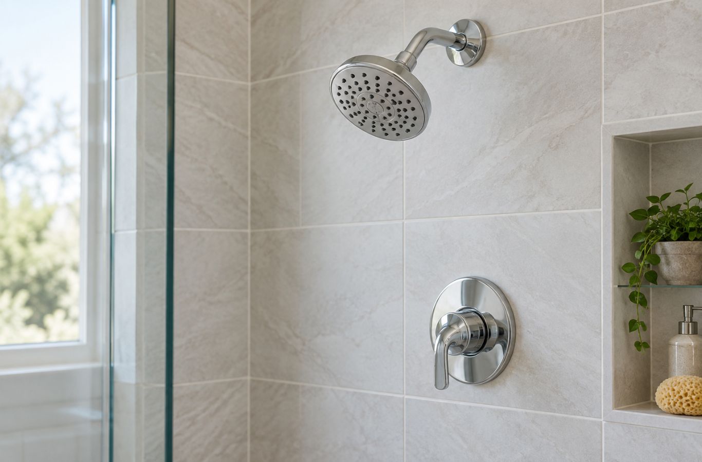 Chrome showerhead and single-handle shower control on a tiled wall