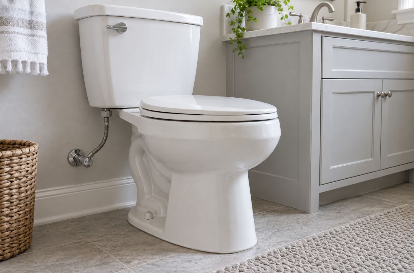 White toilet with a braided water supply hose and wall shutoff valve