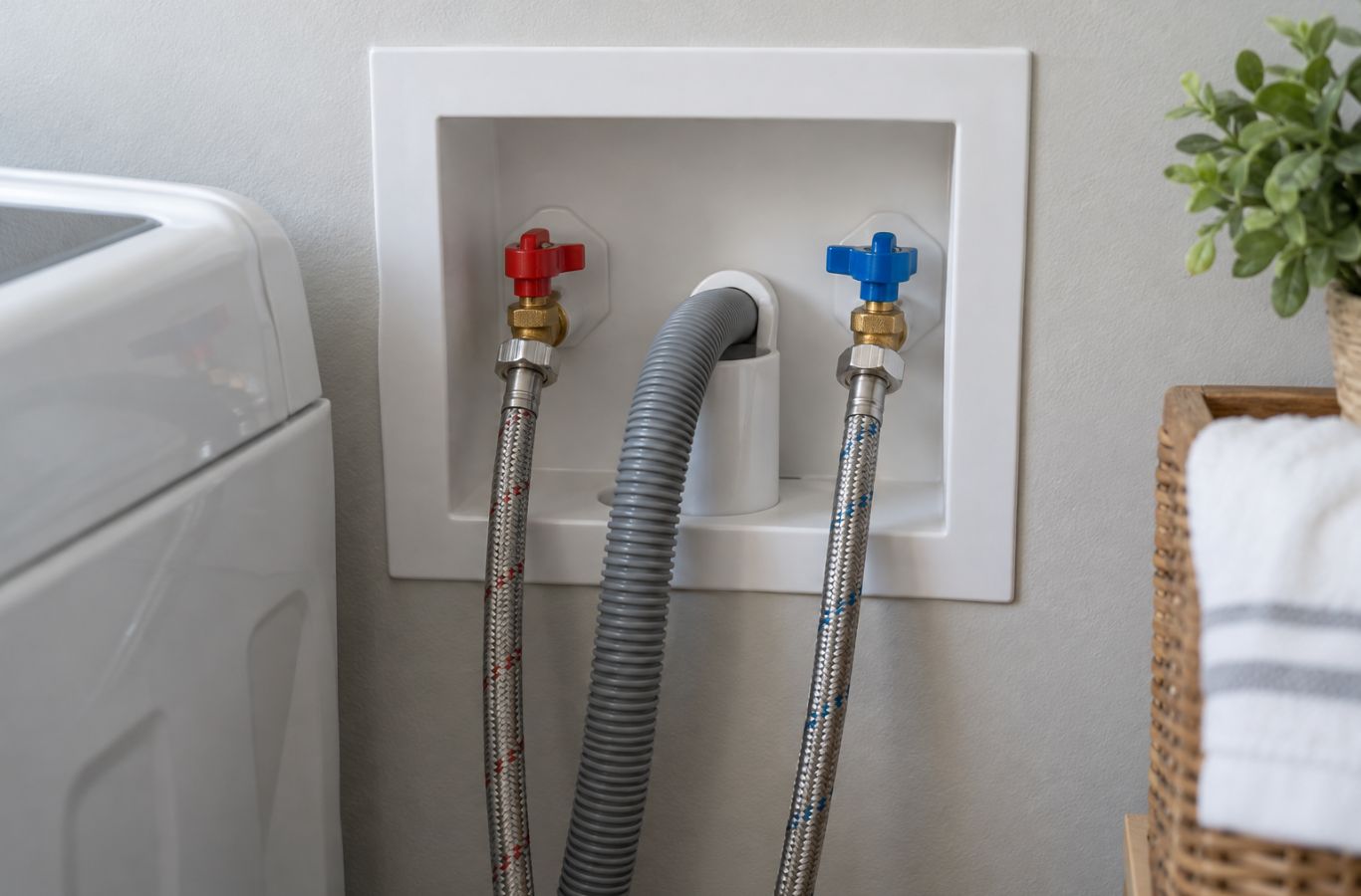 Laundry outlet box with supply hoses, red and blue shutoffs, and a drain hose