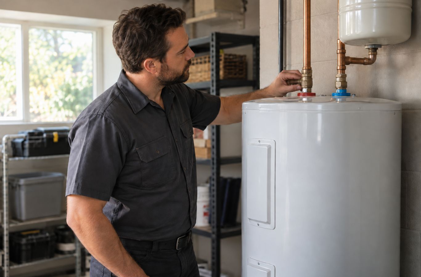 Technician inspecting copper water connections above an electric water heater