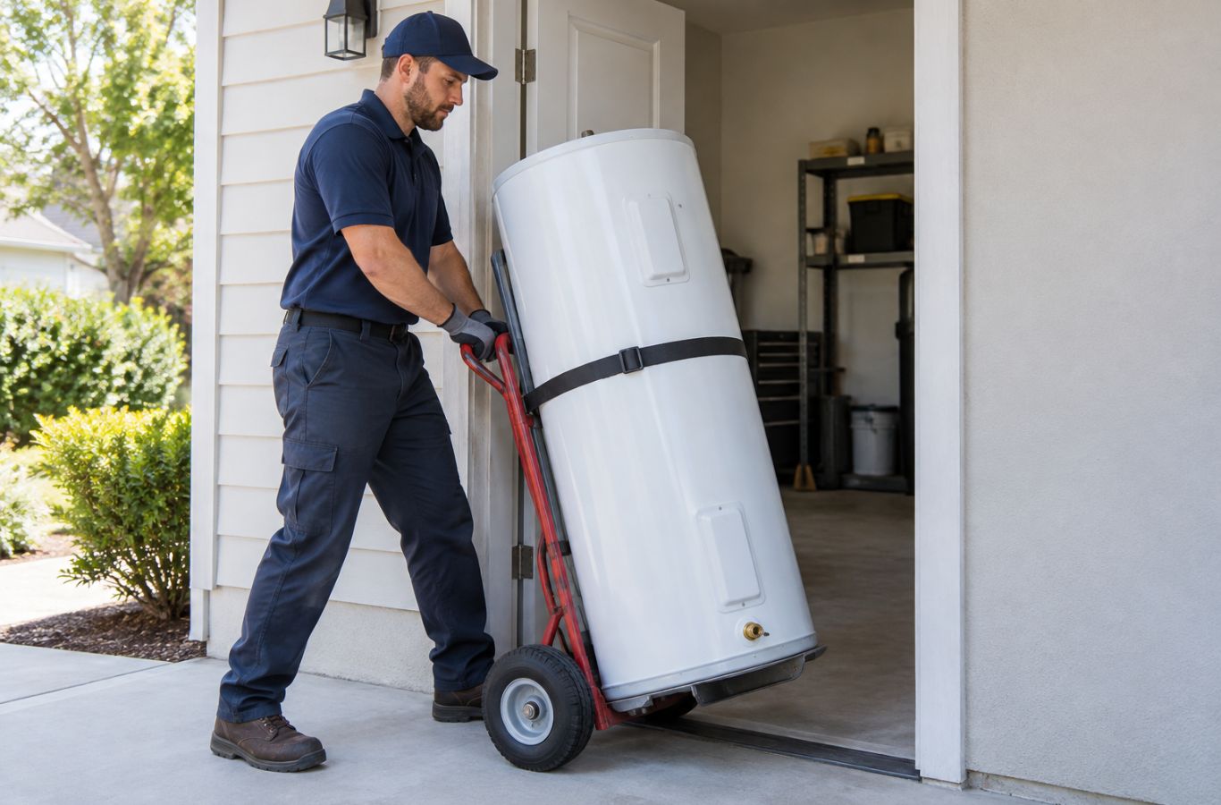 Technician moving a water heater on an appliance dolly through a utility room doorway