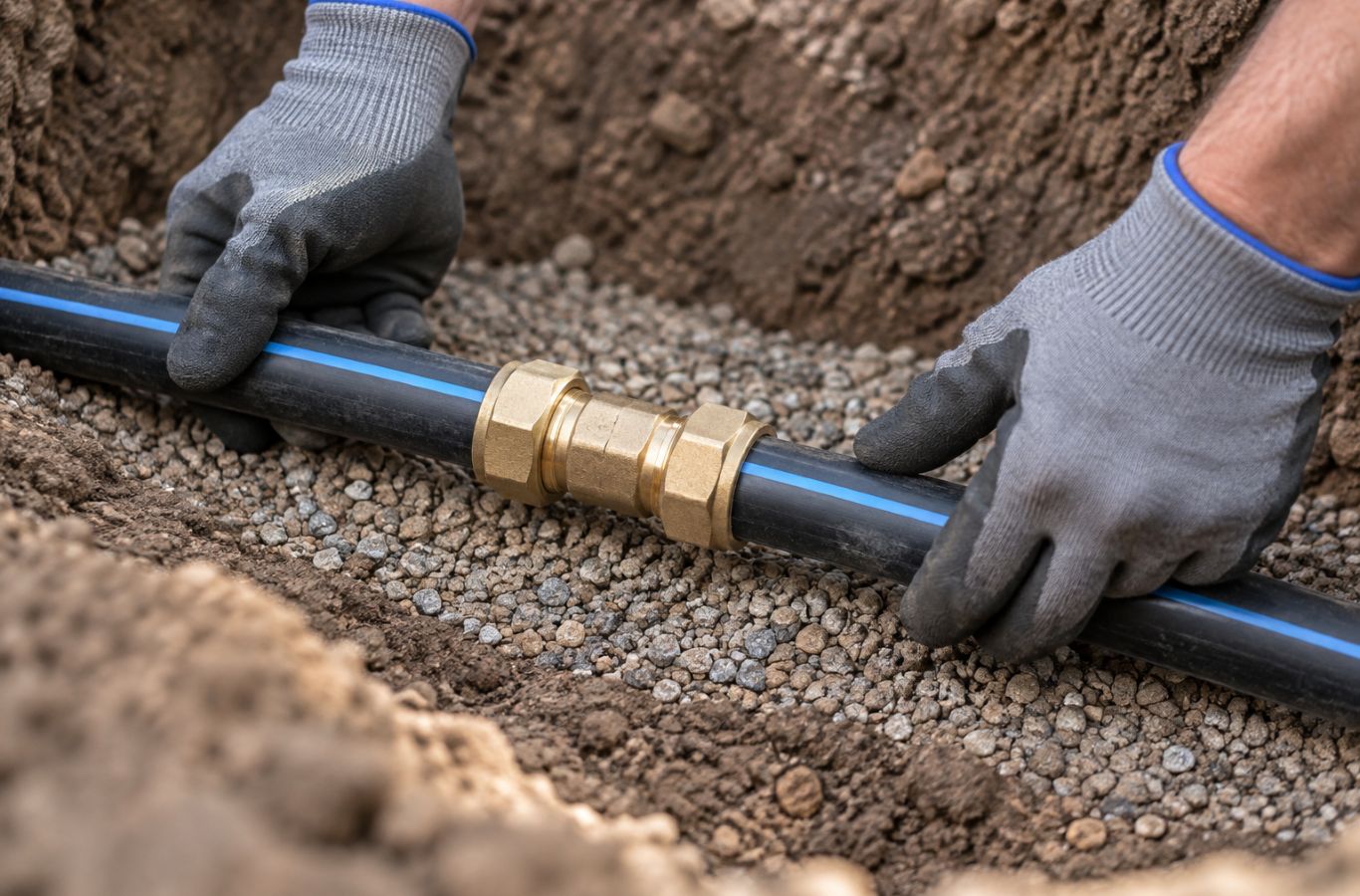 Gloved hands checking a brass coupling joining two water supply pipes in a trench