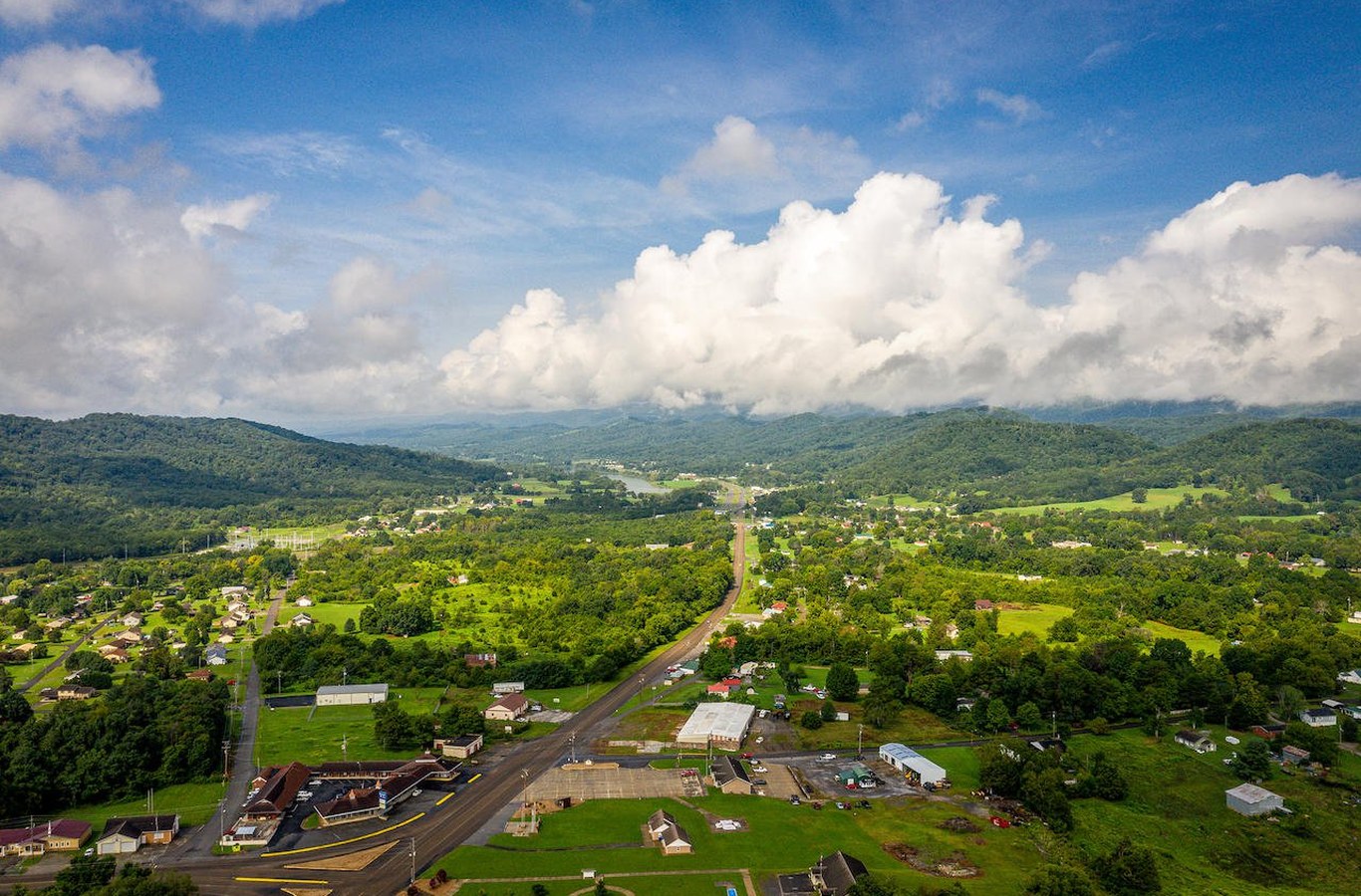 Looking west along Main Street, old US 11W, in Bean Station, TN, with Cherokee Lake and Clinch Mountain beyond