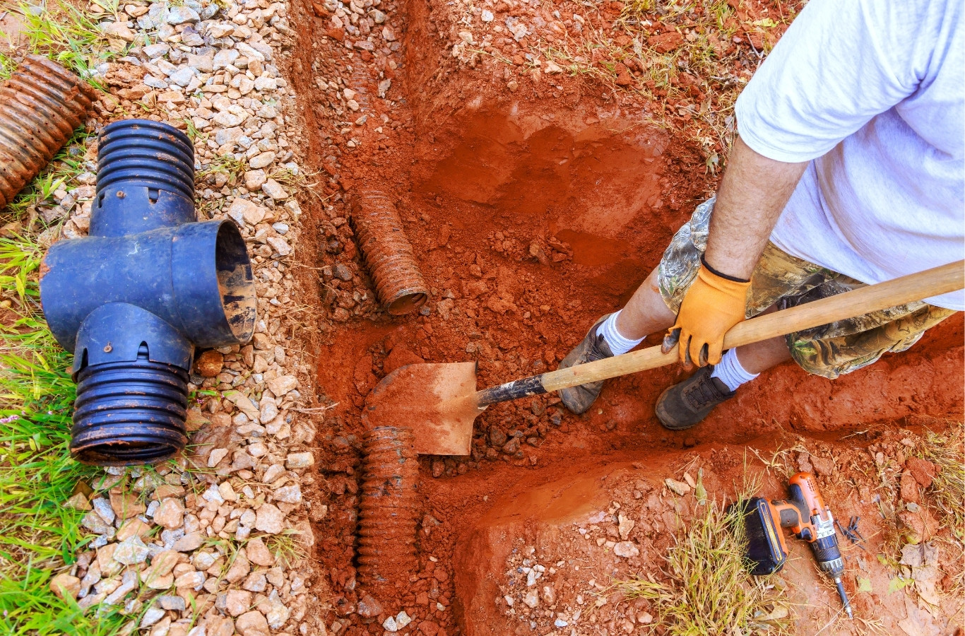 Worker digging out a buried water line fitting, the kind of line repair Starling Plumbing does in Grainger County, TN