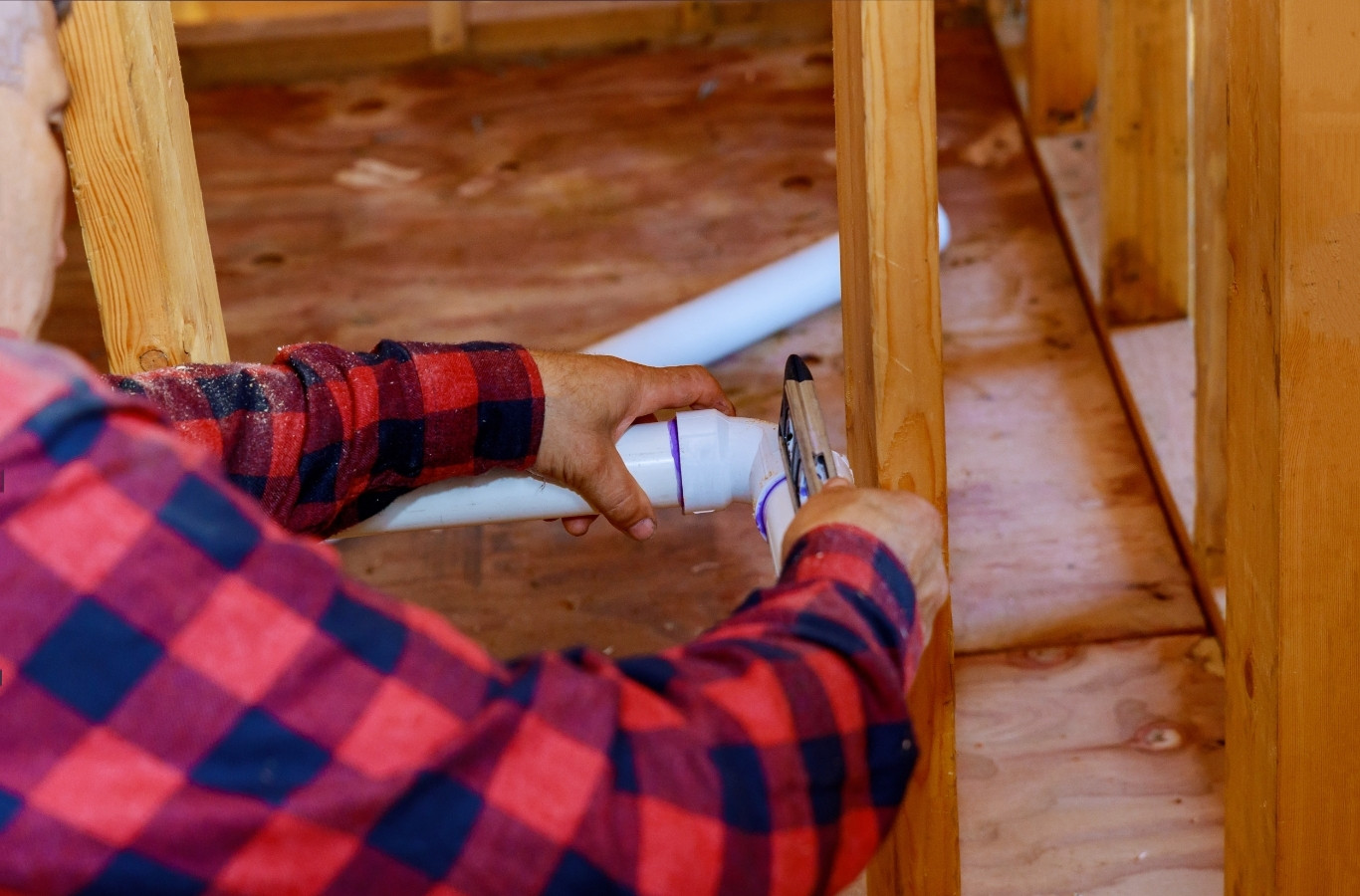 Drain pipe fitted in wood framing, remodel work by Starling Plumbing in Rutledge, TN. Drain & Sewer Services Near Me.