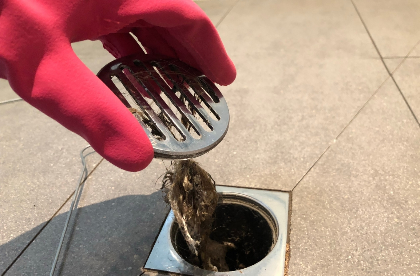 Gloved hand lifting a clogged floor drain grate, Starling Plumbing in Newport, TN. Drain & Sewer Services Near Me.