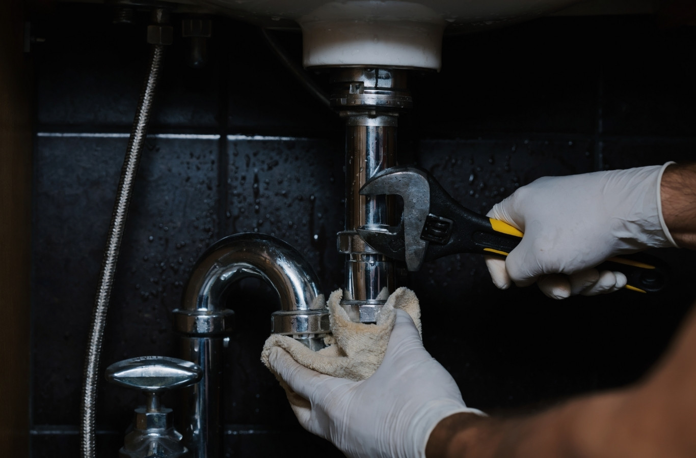 Gloved hands loosening a chrome sink trap with a wrench, work Starling Plumbing does in Dandridge, TN. Plumber Near Me.