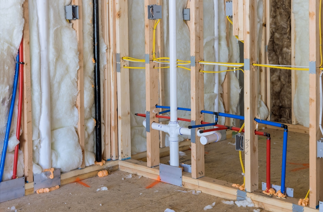 PEX supply and drain rough-in inside new framing, the kind of build Starling Plumbing plumbs in Sevierville, TN