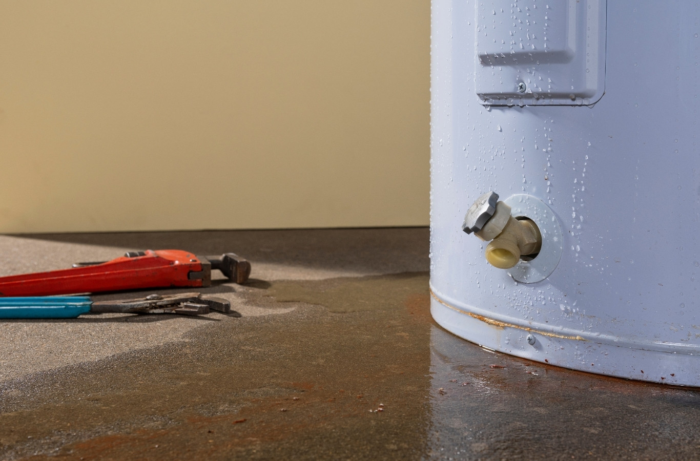 Pipe wrenches on a wet floor beside a tank's drain valve, a leak sign Starling Plumbing checks in Bean Station, TN homes