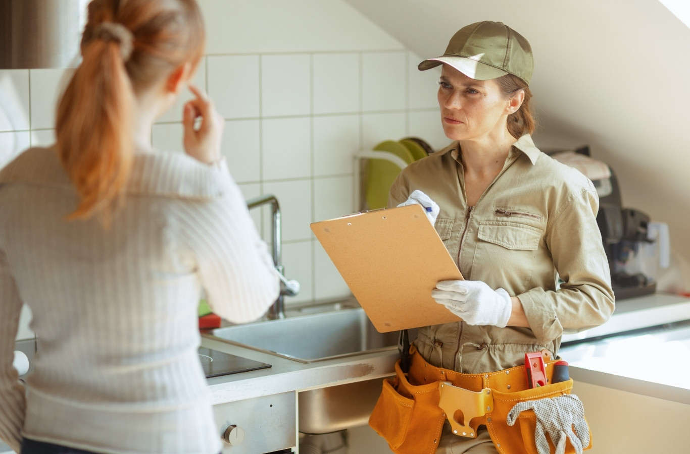 Plumber with a clipboard and a homeowner, a visit Starling Plumbing makes in Jefferson County, TN. Plumber Near Me.